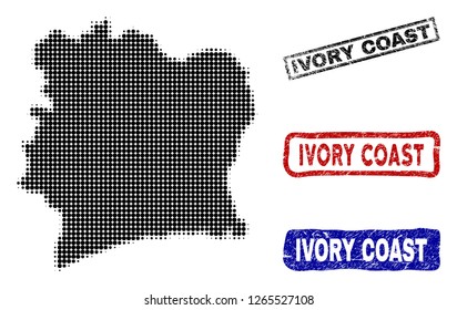 Halftone vector dot abstract Ivory Coast map and isolated black, red, blue rubber-style stamp seals. Ivory Coast map tag inside rough rectangle frames and with corroded rubber texture.