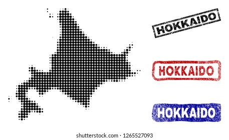 Halftone vector dot abstract Japanese Hokkaido map and isolated black, red, blue rubber-style stamp seals. Japanese Hokkaido map label inside draft rectangle frames and with grunge rubber texture.