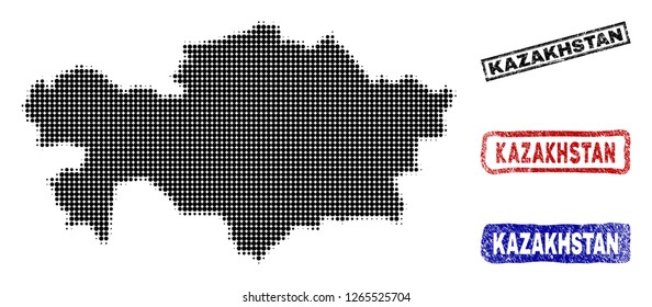 Halftone vector dot abstract Kazakhstan map and isolated black, red, blue grunge stamp seals. Kazakhstan map tag inside draft rectangle frames and with grunge rubber texture.