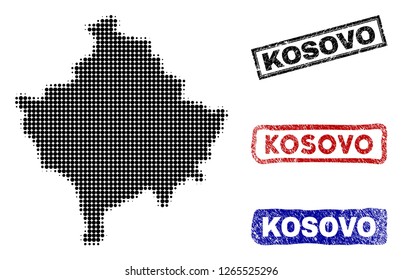 Halftone vector dot abstract Kosovo map and isolated black, red, blue rubber-style stamp seals. Kosovo map label inside draft rectangle frames and with grunge rubber texture.