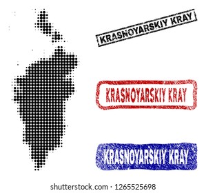 Halftone vector dot abstract Krasnoyarskiy Kray map and isolated black, red, blue textured stamp seals. Krasnoyarskiy Kray map tag inside rough rectangle frames and with distress rubber texture.