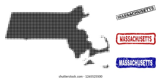 Halftone vector dot abstract Massachusetts State map and isolated black, red, blue grunge stamp seals. Massachusetts State map tag inside rough rectangle frames and with corroded rubber texture.
