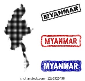 Halftone vector dot abstract Myanmar map and isolated black, red, blue rubber-style stamp seals. Myanmar map caption inside draft rectangle frames and with distress rubber texture.