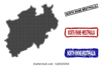 Halftone vector dot abstract North Rhine-Westphalia State map and isolated black, red, blue rubber-style stamp seals.