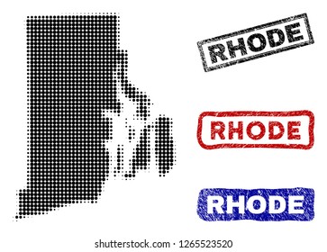 Halftone vector dot abstract Rhode Island State map and isolated black, red, blue scratched stamp seals. Rhode Island State map tag inside draft rectangle frames and with scratched rubber texture.