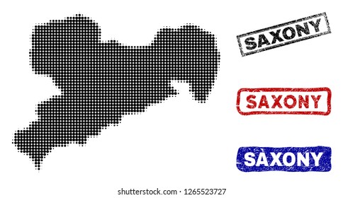 Halftone vector dot abstract Saxony State map and isolated black, red, blue rubber-style stamp seals. Saxony State map title inside rough rectangle frames and with corroded rubber texture.