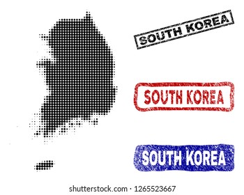 Halftone vector dot abstract South Korea map and isolated black, red, blue rubber-style stamp seals. South Korea map label inside draft rectangle frames and with scratched rubber texture.