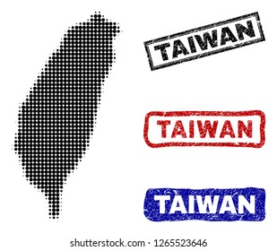 Halftone vector dot abstract Taiwan Island map and isolated black, red, blue scratched stamp seals. Taiwan Island map tag inside draft rectangle frames and with unclean rubber texture.