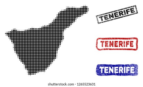 Halftone vector dot abstract Tenerife Spain Island map and isolated black, red, blue rubber-style stamp seals.
