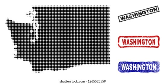 Halftone vector dot abstract Washington State map and isolated black, red, blue rubber-style stamp seals. Washington State map title inside rough rectangle frames and with corroded rubber texture.