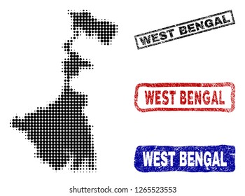 Halftone vector dot abstract West Bengal State map and isolated black, red, blue rubber-style stamp seals. West Bengal State map name inside rough rectangle frames and with retro rubber texture.