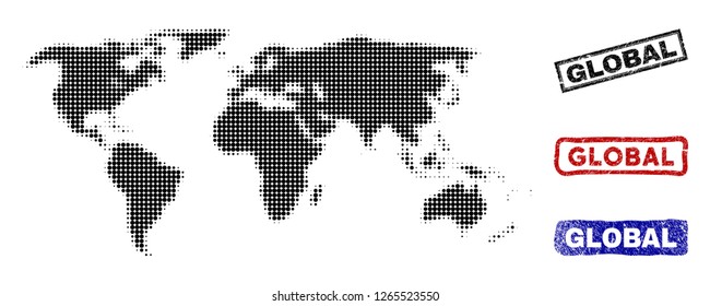 Halftone vector dot abstract world map and isolated black, red, blue rubber-style stamp seals. World map caption inside draft rectangle frames and with grunge rubber texture.