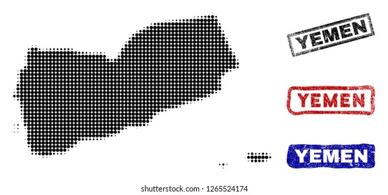 Halftone vector dot abstract Yemen map and isolated black, red, blue rubber-style stamp seals. Yemen map tag inside rough rectangle frames and with retro rubber texture.