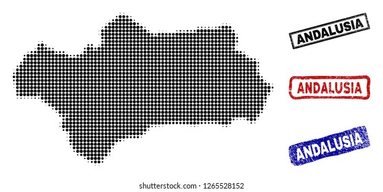Halftone vector dot abstracted Andalusia Province map and isolated black, red, blue rubber-style stamp seals. Andalusia Province map tag inside draft rectangle frames and with corroded rubber texture.