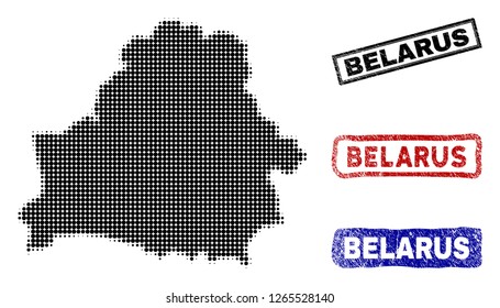 Halftone vector dot abstracted Belarus map and isolated black, red, blue rubber-style stamp seals. Belarus map caption inside draft rectangle frames and with unclean rubber texture.