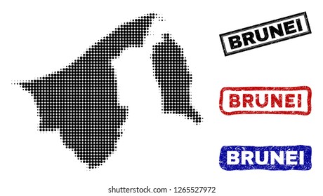Halftone vector dot abstracted Brunei map and isolated black, red, blue grunge stamp seals. Brunei map name inside draft rectangle frames and with grunge rubber texture.
