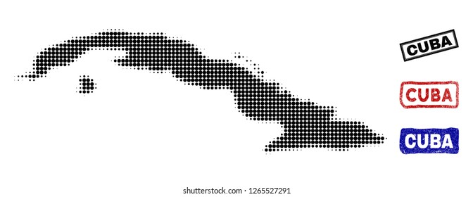 Halftone vector dot abstracted Cuba map and isolated black, red, blue rubber-style stamp seals. Cuba map label inside rough rectangle frames and with grunge rubber texture.