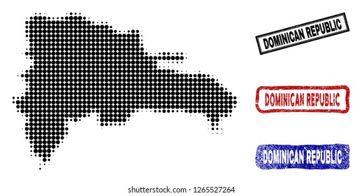 Halftone vector dot abstracted Dominican Republic map and isolated black, red, blue grunge stamp seals. Dominican Republic map label inside rough rectangle frames and with distress rubber texture.