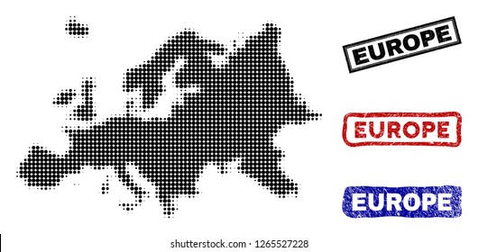 Halftone vector dot abstracted Europe map and isolated black, red, blue rubber-style stamp seals. Europe map name inside rough rectangle frames and with corroded rubber texture.