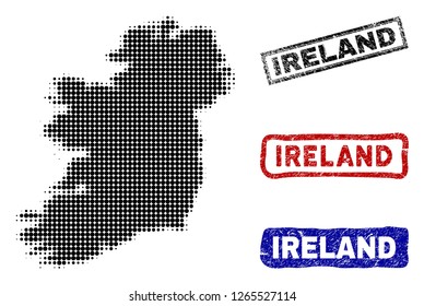 Halftone vector dot abstracted Ireland Island map and isolated black, red, blue grunge stamp seals. Ireland Island map name inside rough rectangle frames and with grunge rubber texture.