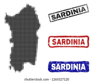 Halftone vector dot abstracted Italian Sardinia Island map and isolated black, red, blue rubber-style stamp seals.