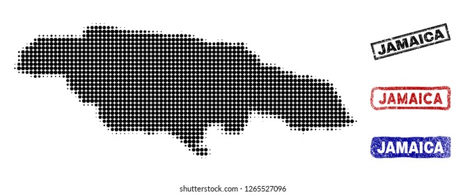 Halftone vector dot abstracted Jamaica map and isolated black, red, blue scratched stamp seals. Jamaica map name inside rough rectangle frames and with scratched rubber texture.