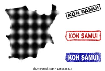 Halftone vector dot abstracted Koh Samui map and isolated black, red, blue rubber-style stamp seals. Koh Samui map tag inside rough rectangle frames and with scratched rubber texture.