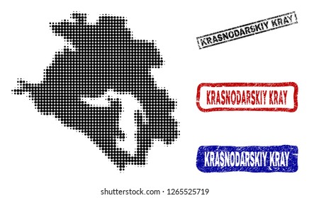 Halftone vector dot abstracted Krasnodarskiy Kray map and isolated black, red, blue rubber-style stamp seals.