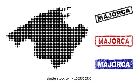 Halftone vector dot abstracted Majorca map and isolated black, red, blue grunge stamp seals. Majorca map caption inside draft rectangle frames and with unclean rubber texture.
