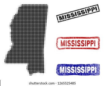 Halftone vector dot abstracted Mississippi State map and isolated black, red, blue scratched stamp seals. Mississippi State map tag inside draft rectangle frames and with scratched rubber texture.