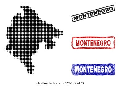Halftone vector dot abstracted Montenegro map and isolated black, red, blue grunge stamp seals. Montenegro map title inside rough rectangle frames and with corroded rubber texture.