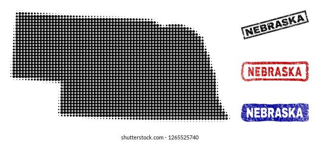 Halftone vector dot abstracted Nebraska State map and isolated black, red, blue grunge stamp seals. Nebraska State map title inside rough rectangle frames and with distress rubber texture.