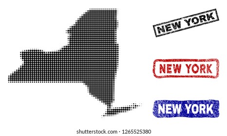 Halftone vector dot abstracted New York State map and isolated black, red, blue rubber-style stamp seals. New York State map name inside rough rectangle frames and with unclean rubber texture.