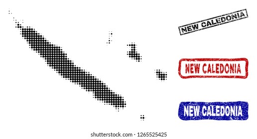 Halftone vector dot abstracted New Caledonia Islands map and isolated black, red, blue grunge stamp seals. New Caledonia Islands map label inside draft rectangle frames and with grunge rubber texture.