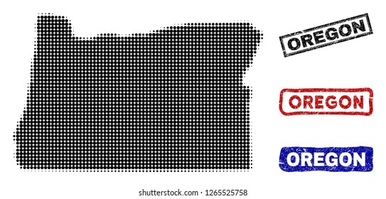 Halftone vector dot abstracted Oregon State map and isolated black, red, blue scratched stamp seals. Oregon State map caption inside rough rectangle frames and with distress rubber texture.