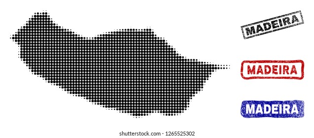 Halftone vector dot abstracted Portugal Madeira Island map and isolated black, red, blue scratched stamp seals.