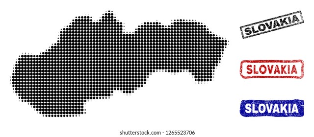 Halftone vector dot abstracted Slovakia map and isolated black, red, blue damaged stamp seals. Slovakia map tag inside rough rectangle frames and with scratched rubber texture.