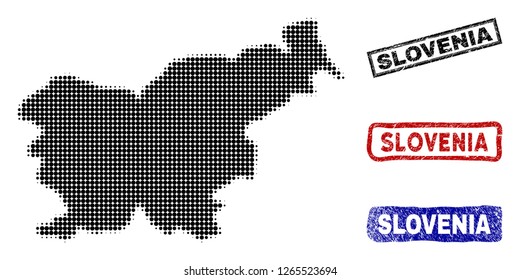 Halftone vector dot abstracted Slovenia map and isolated black, red, blue scratched stamp seals. Slovenia map tag inside draft rectangle frames and with scratched rubber texture.