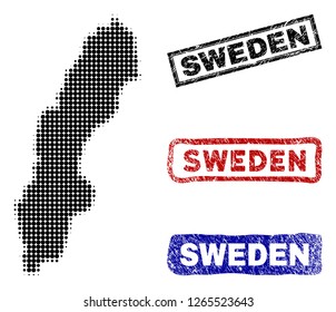Halftone vector dot abstracted Sweden map and isolated black, red, blue scratched stamp seals. Sweden map title inside rough rectangle frames and with scratched rubber texture.