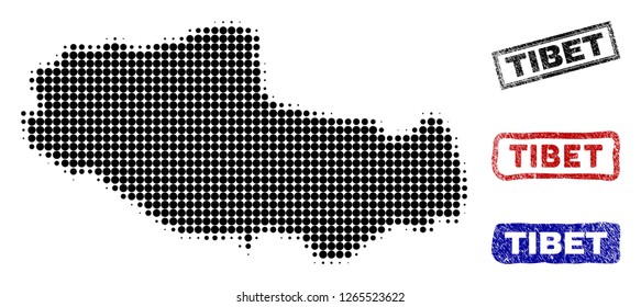 Halftone vector dot abstracted Tibet Chinese territory map and isolated black, red, blue textured stamp seals.
