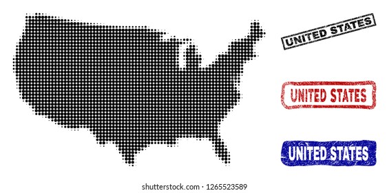 Halftone vector dot abstracted United States map and isolated black, red, blue rubber-style stamp seals. United States map name inside rough rectangle frames and with grunge rubber texture.