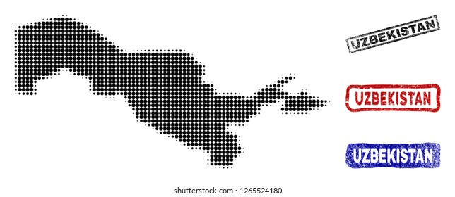 Halftone vector dot abstracted Uzbekistan map and isolated black, red, blue rubber-style stamp seals. Uzbekistan map caption inside draft rectangle frames and with grunge rubber texture.