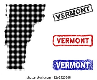 Halftone vector dot abstracted Vermont State map and isolated black, red, blue grunge stamp seals. Vermont State map caption inside draft rectangle frames and with grunge rubber texture.