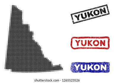 Halftone vector dot abstracted Yukon Province map and isolated black, red, blue rubber-style stamp seals. Yukon Province map label inside rough rectangle frames and with distress rubber texture.