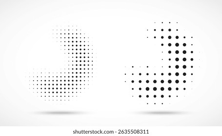 Halftone Vector Dots Curved Gradient Pattern Background. Curve Dotted Spots using Halftone Circle Dot Texture. Vector Shape Half Tone. Abstract Logo Design Element.