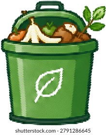 Halftone vector dotted retro grunge transparent compost bin with organic waste
