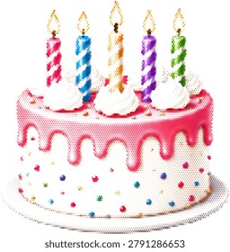 Halftone vector dotted retro grunge cake with colorful candles and transparent background