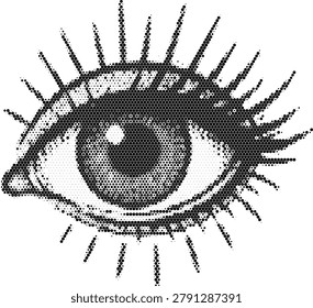 Halftone vector dotted retro grunge transparent illustration of an eye with eyelashes
