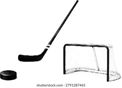 Halftone vector of dotted retro hockey gear with puck stick and net in grunge style