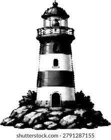 Halftone vector dotted retro lighthouse on rocks transparent grunge design